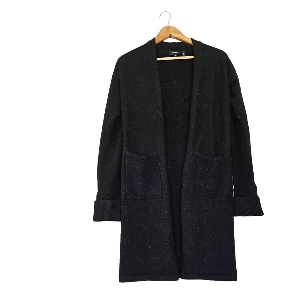 Theory Long Knit Cardigan Womens S Black Wool Blend Pockets Neutral Quiet Luxury
